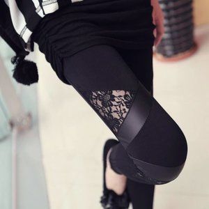 TRIANGULAR FLORAL LACE FAUX LEATHER LEGGINGS FOR SALE